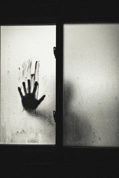 Bloody hand on window