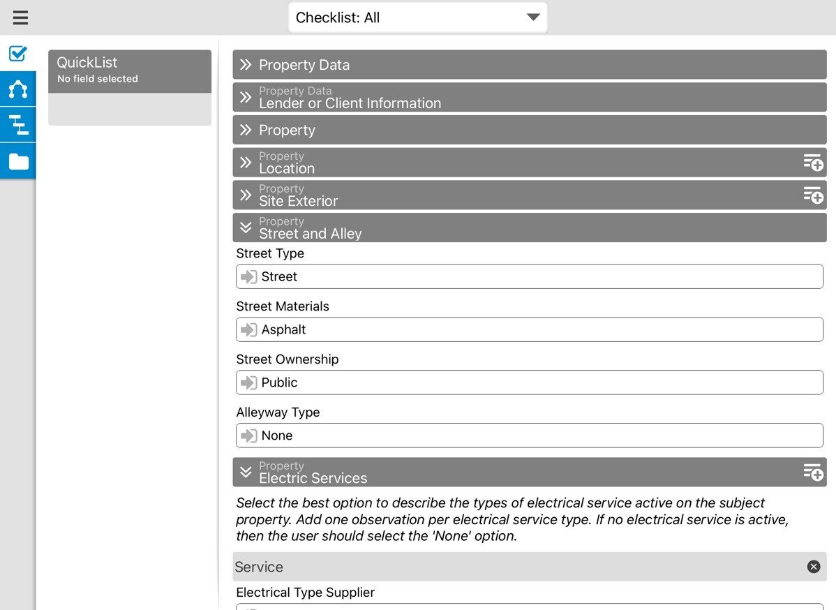 Checklist view of the data set question