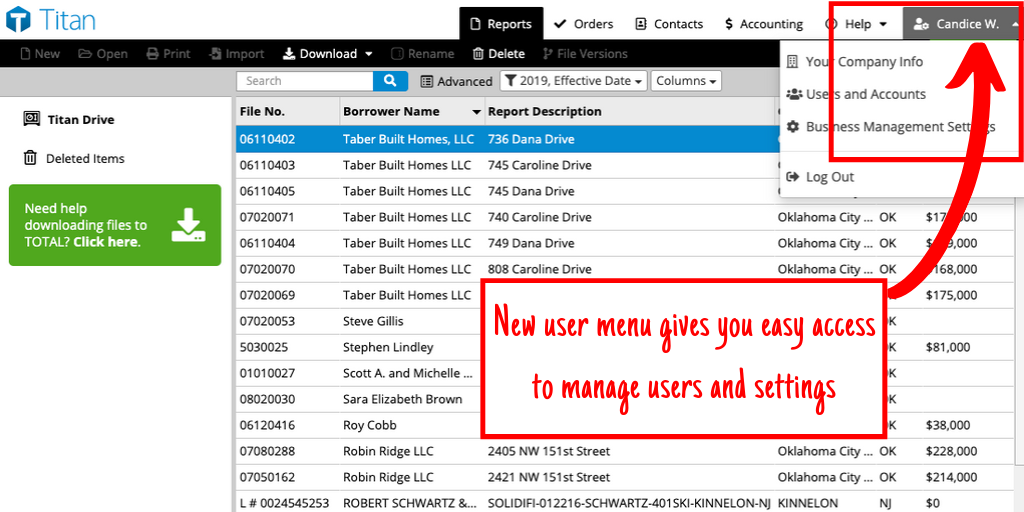 Titan Reports user menu